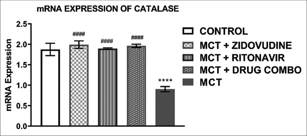 Relative mRNA expression of catalaze in the heart tissue of experimental rats. Values are expressed as mean ± SEM (n = 8/group). In comparison with the control: *P < 0.05, **P < 0.01, ***P < 0.001, and ****P < 0.0001 while in comparison with MCT #P < 0.05, ##P < 0.01, ###P < 0.001, and ####P < 0.0001. MCT + DRUG COMBO represents MCT plus combination of Zidovudine and Ritonavir.
