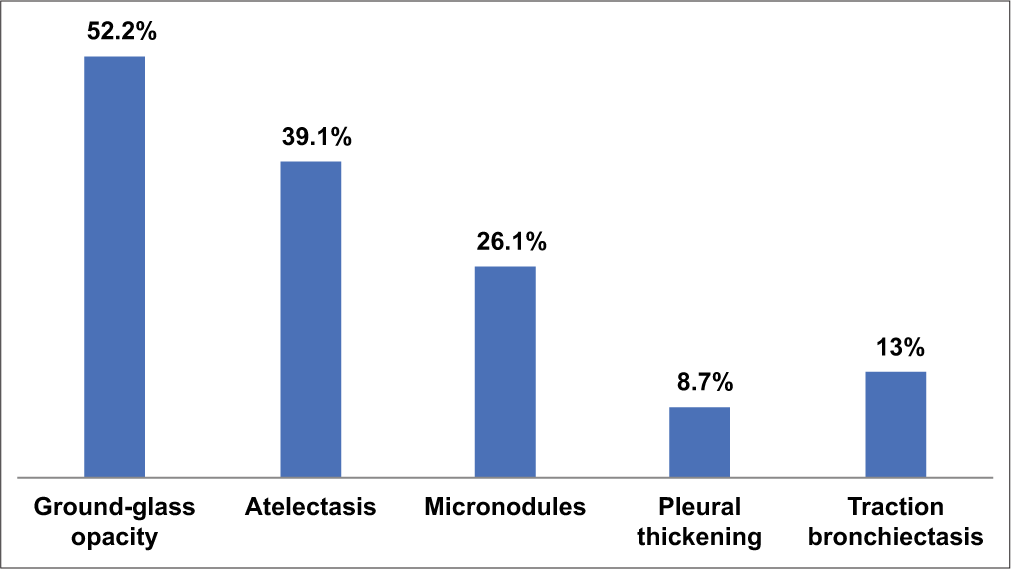 Various pulmonary lesions on thoracic computed tomography scan.